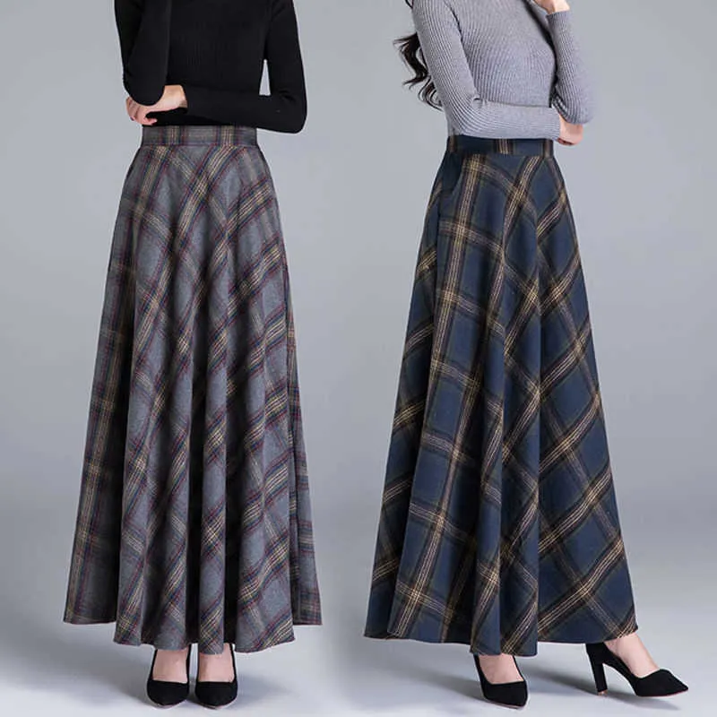 Mamãe alta cintura cintura xadrez saias outono inverno mulheres plus size lã maxi saias femininos moda casual long streetwear 210724