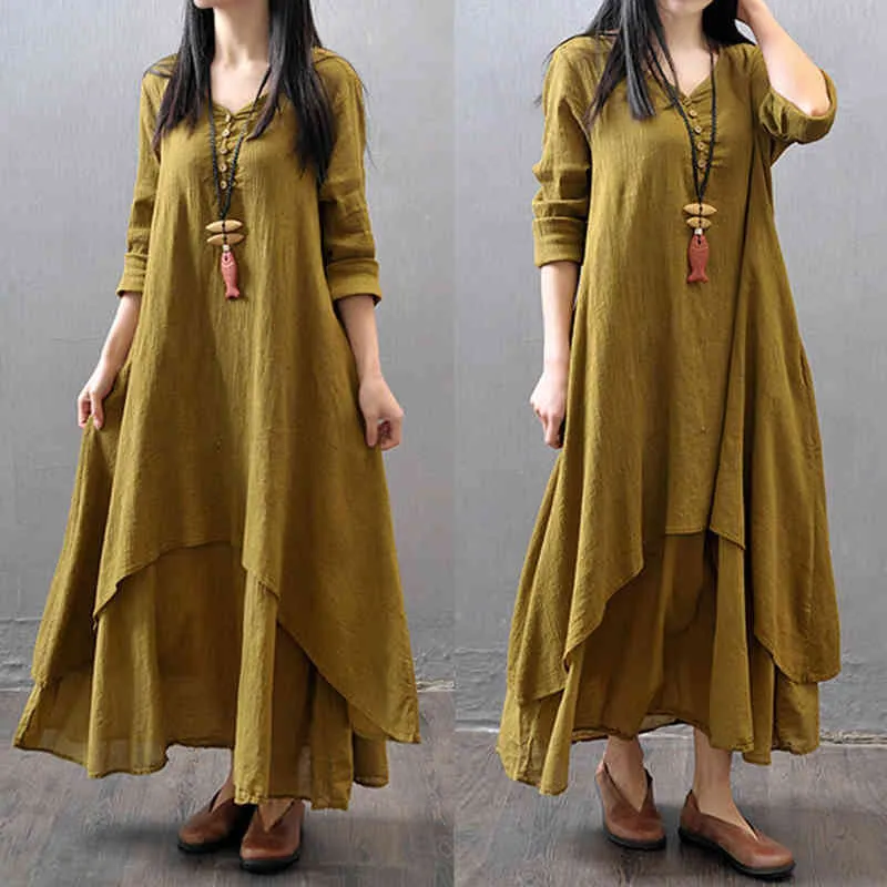 Kayotuas Women Dress Summer Boho Ethnic Cotton Linen Long Sleeve Maxi V-Neck Loose Casual Ladies Clothes Outfit 210522