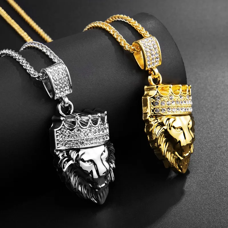 Mens Hip Hop Gold Cuban Link Chain Lion Head King Crown Pendant Halsband Fashion Jewelry281G