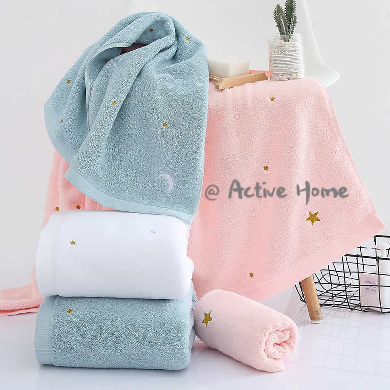 CRYSTALLOVE Simple Fashion Embroidered Stars Moon Absorbent Soft Thick Face Towel Adult Female Male Household Bath 210728