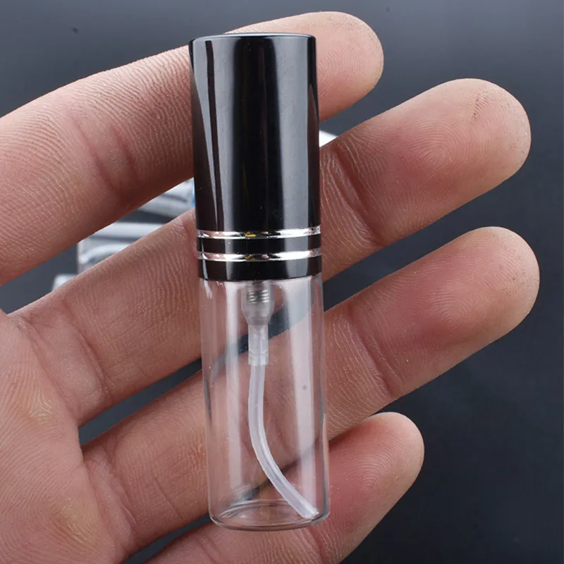 100 pçs / lote 5ml transparente fino frasco de vidro frasco amostra de amostra portátil mini perfume atomizador ouro tampão de prata