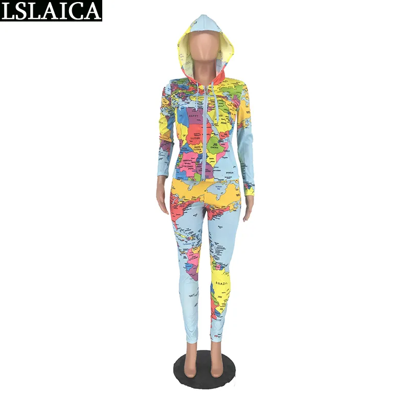 Tuta da due pezzi Tuta da donna Pantaloni lunghi e top con cappuccio con cerniera Set Mappa Stampa Abbigliamento da salotto femminile Casual 2 pezzi Autunno 210515