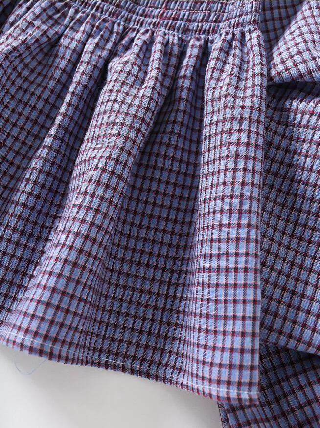 Spring Elastic Off Shoulder Gingham Check Plaid Women Shirt Holiday Big Lantern Sleeve Slim Ruched Waist Blouse BOHO Tops 210429