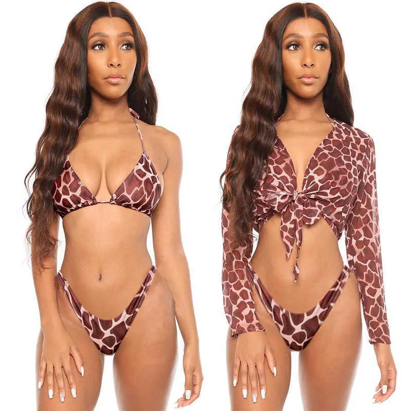 Sexy dreiteilige Bikini-Set Bell Sleeve Cover Up Bademode Frauen Badeanzug Print Badeanzug Beachwear Schwimmen 210630
