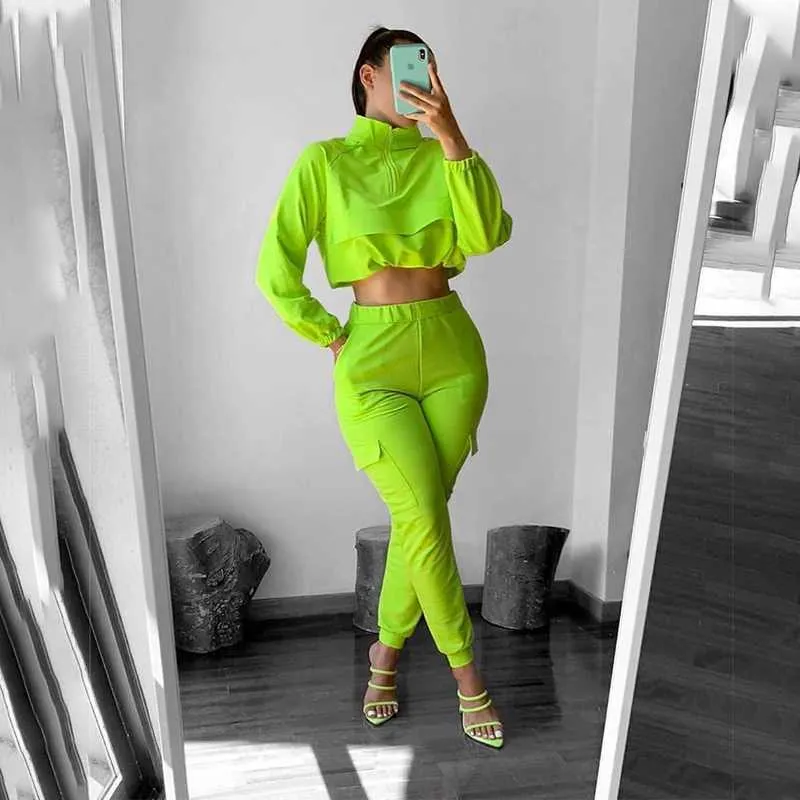 Herbst Neon Grün Schweiß Anzüge Frauen Casual Langarm Crop Top Cargo Hosen Set Sportwear Solide Zweiteilige Frauen Passenden sets Y0625