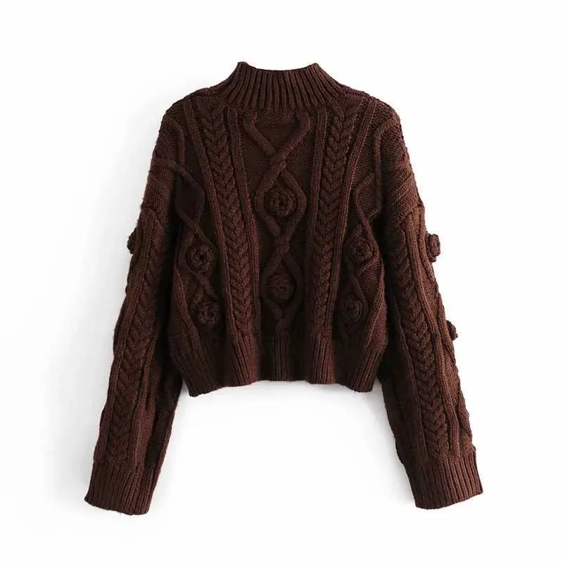 ZA femmes pull tricoté à la main automne mode marron pulls à col rond basique Femme pull solide Femme tricots décontractés 210602