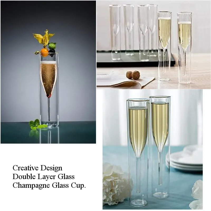4 stuks Dubbelwandig Glas Champagne Champagne Fluiten Stemless Wijnglazen Beker Bubble Wijn Tulp Cocktail Bruiloft Cup2638