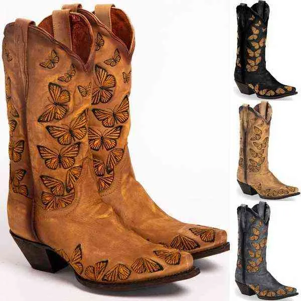 Bottes de cow-girl papillon brodées pour femmes Western Womens Retro Knee High Handmade Leather Cowboy Large Size H1102