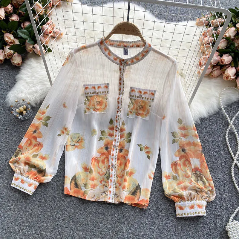 DEAT Women Chiffon Stand Neck Shirt Printing Shorts Arrivals Two Piece Set Fashion Temperament Spring Summer 11D1299 210709