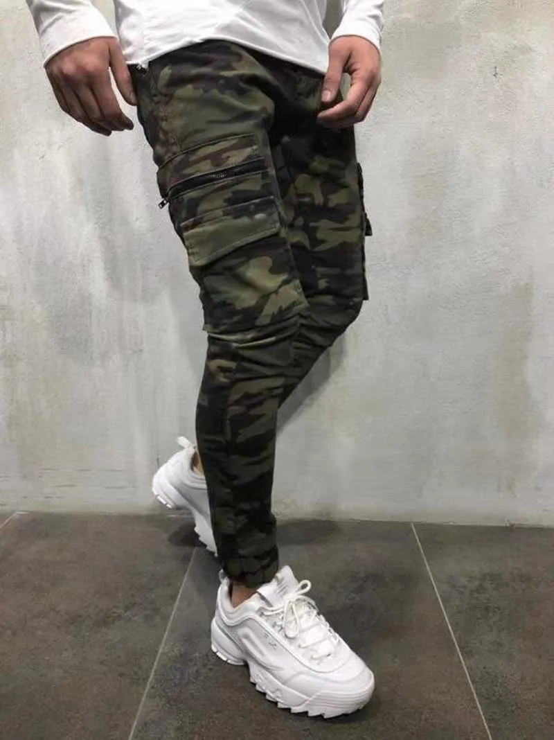 Jeans de camuflagem militar Jeans Men Men Skinny Hip Hop Solidcolored Lápis Jeans Male Male Slim Jogger Multipocket Calça X06212040801