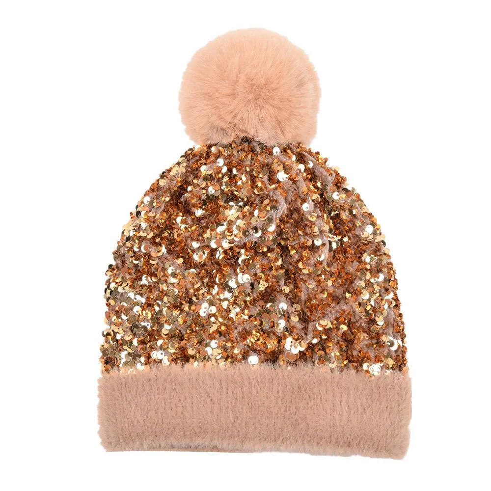 Vinter plus sammet sequins stickade hattar för kvinnor Beanie hatt unisex elastisk varm hip hop cap soft baggy bonnet grossist