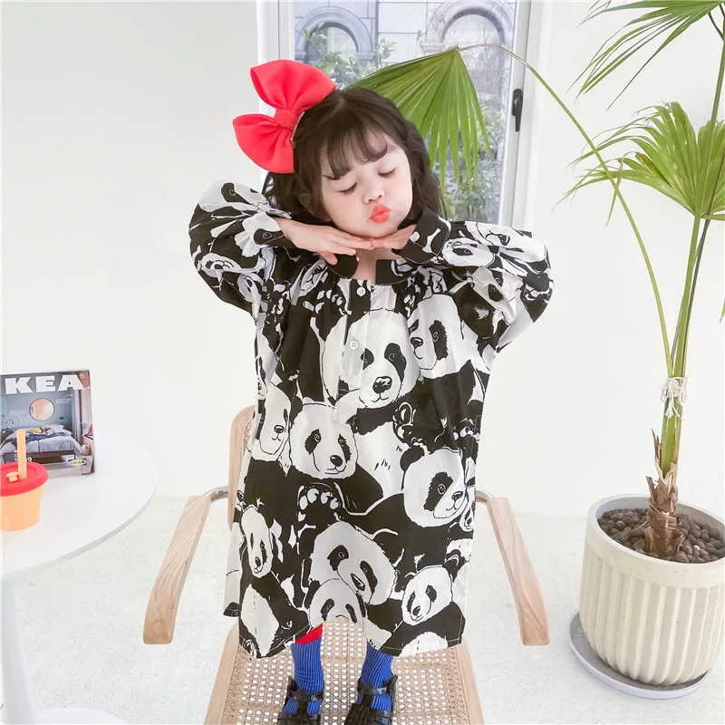 Koreanischen Stil Frühling Mädchen Kleider Cartoon Panda Kleid Lose Kinder Nette Kleidung E1028 210610