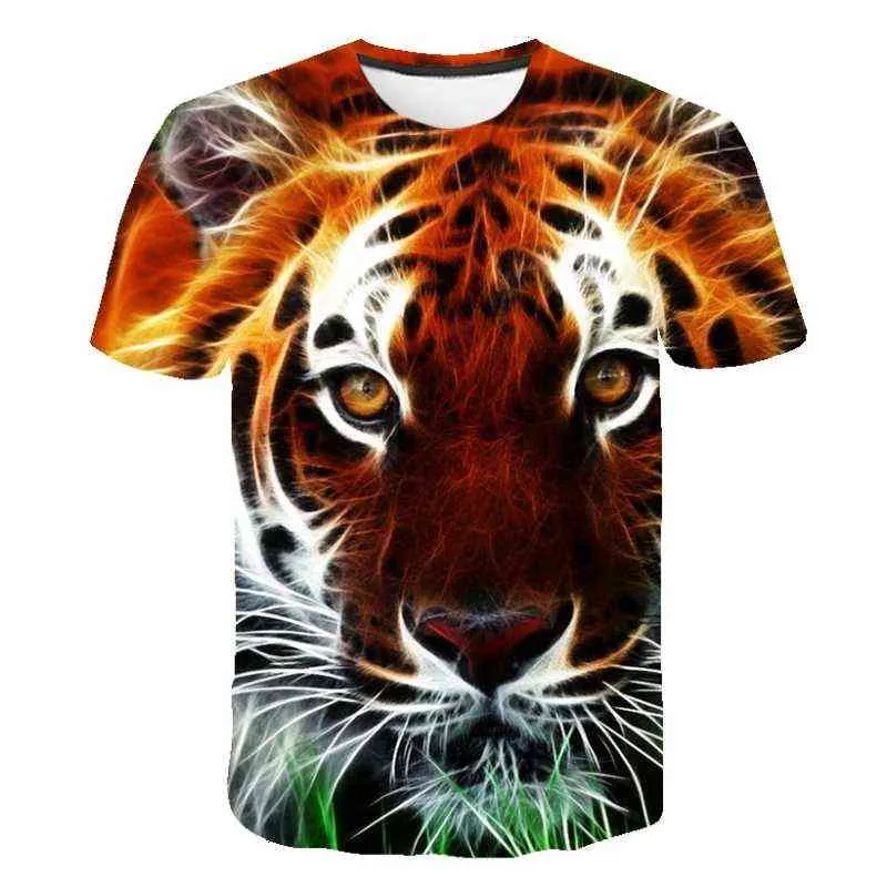 T-Shirt Sommer 2021 Kurzarm Gruselig Realistisches Tier Tiger Print T-Shirt Mode Persönlichkeit Große Größe Herren Rundhals Top Y220214