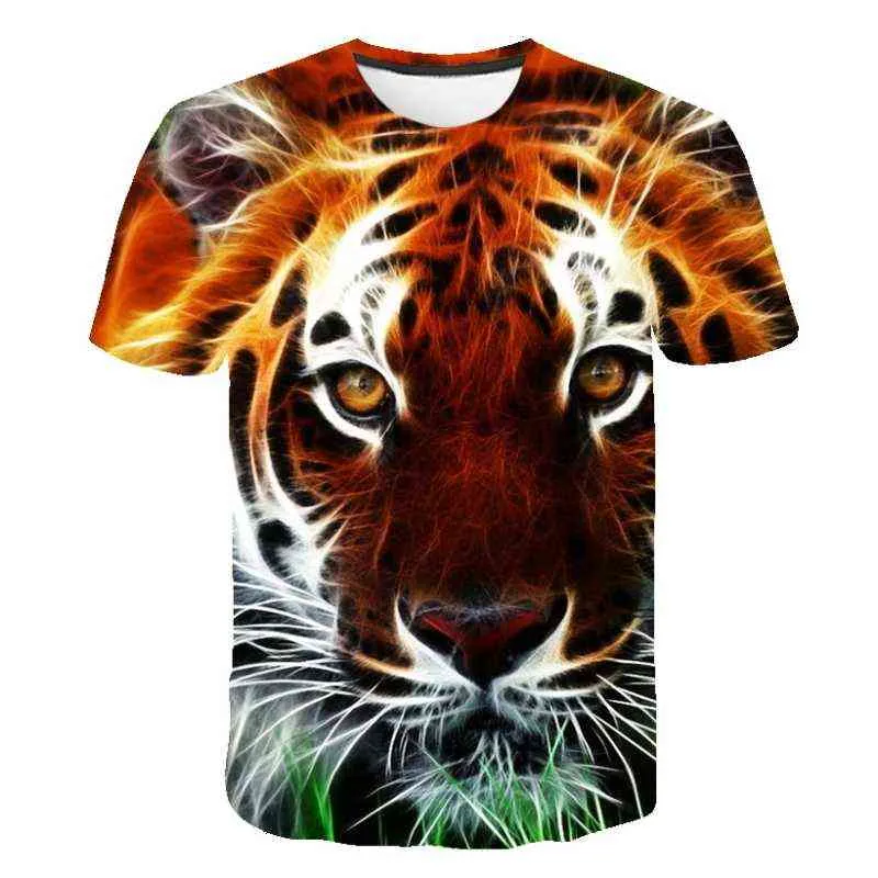 T-shirt zomer 2021 Short-mouwen eng realistische dierlijke tijger print T-shirt mode persoonlijkheid groot formaat heren ronde hals top Y220214