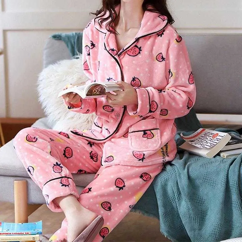 Zity Kış Pijama Set Kadın Pijama Sıcak Flanel Uzun Kollu Pembe Sevimli Hayvan Homewear Kalın Ev Suit 210809