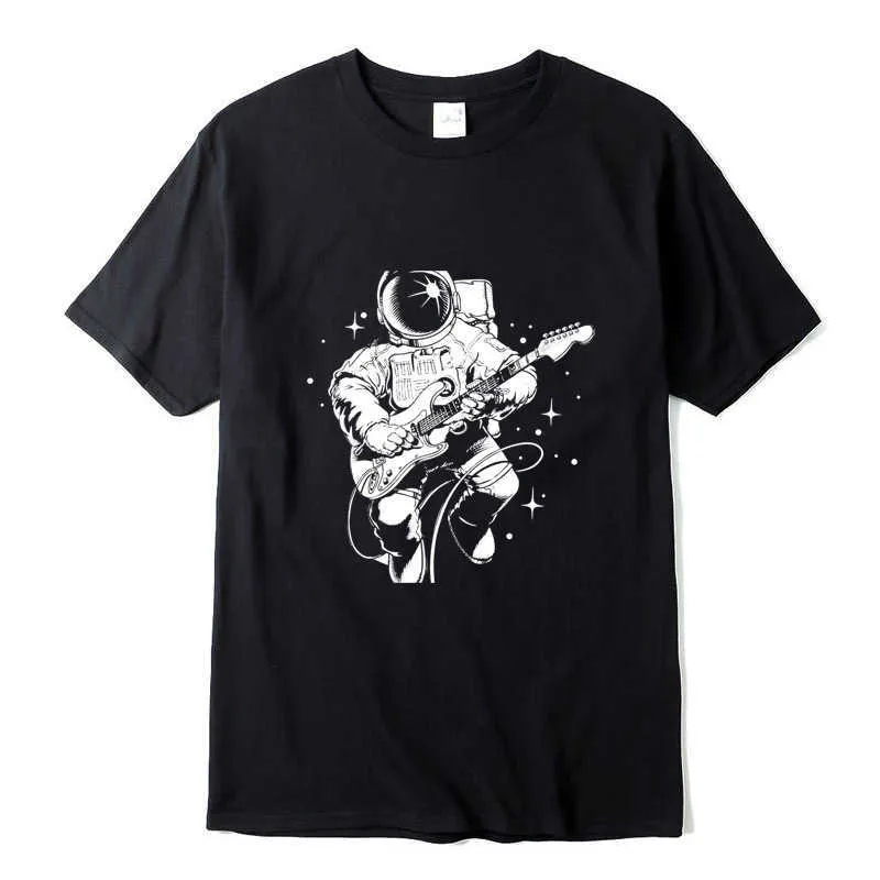 Xin Yi erkek Rahat Yüksek Kalite 100% Pamuk Kısa Kollu T-shirt Komik Astronot Gitar Baskı Oynamak Mentshirt O-Boyun T-shirt Erkekler X0621