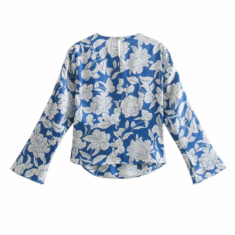 レトロな青い花柄プリントトップ女性のブラウスストリートウェアサテンシャツ女性ロングボタン袖プリーツ集めたウエストシャツ210430