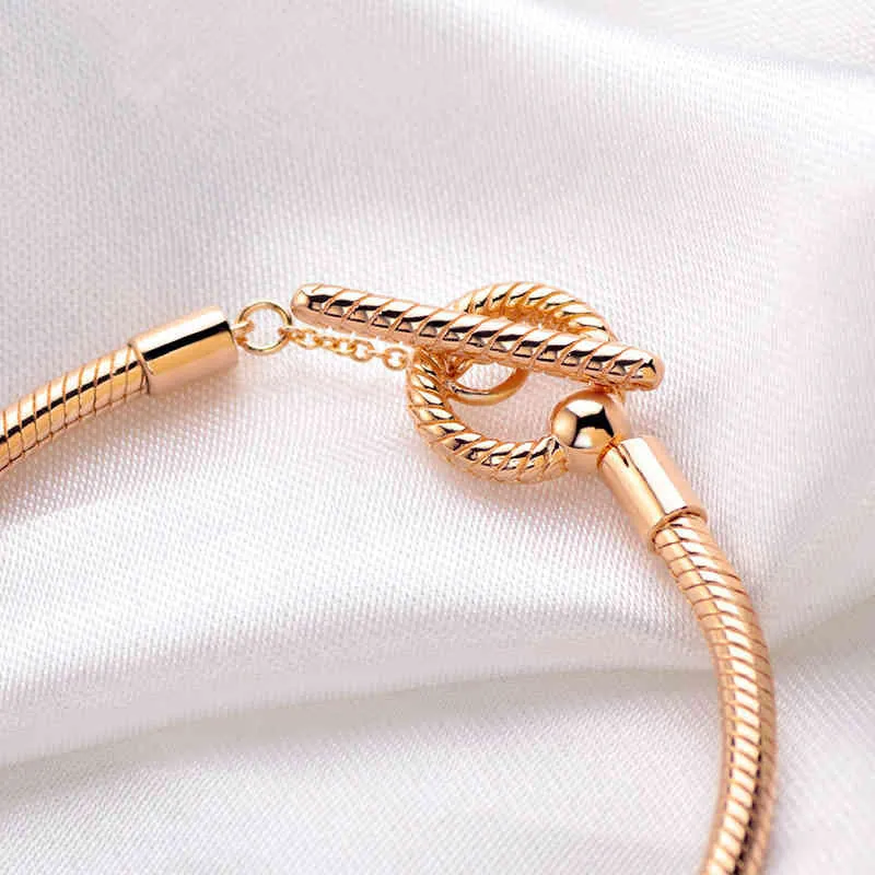 2021 bransoletka w kolorze różowego złota 925 Sterling Silver Moments różowy wachlarz zapięcie łańcuszek węża Fit Pandora Charm kobiety prezent
