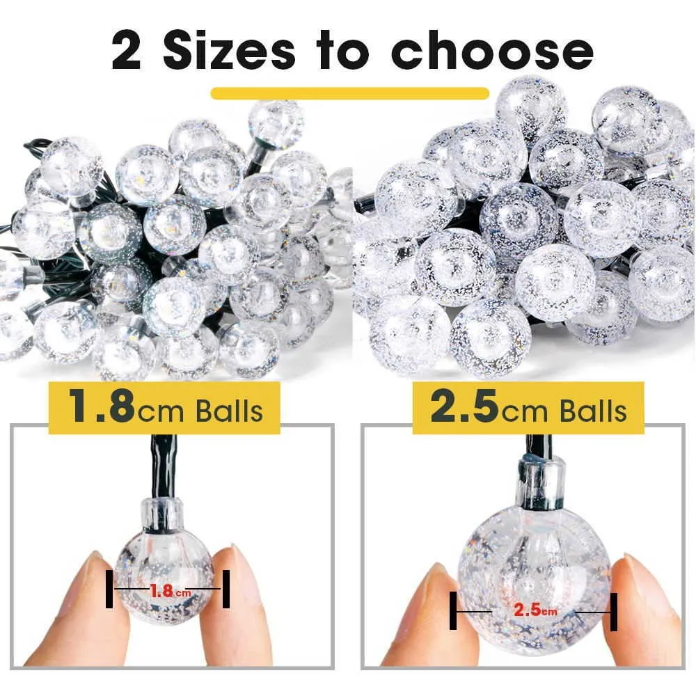 8 Modes Solar Light Crystal Ball 5m / 7m / 9.5m / 12m / LED String Lights Fairy Lights Garlands för julparty Utomhus dekoration 211012