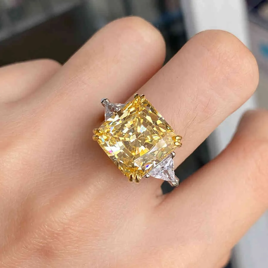 Luomansi Anillo cuadrado de creación amarilla Moissanite Super Flash 100% -S925 Plata Gran diamante Compromiso de boda Joyería de mujer K727243M