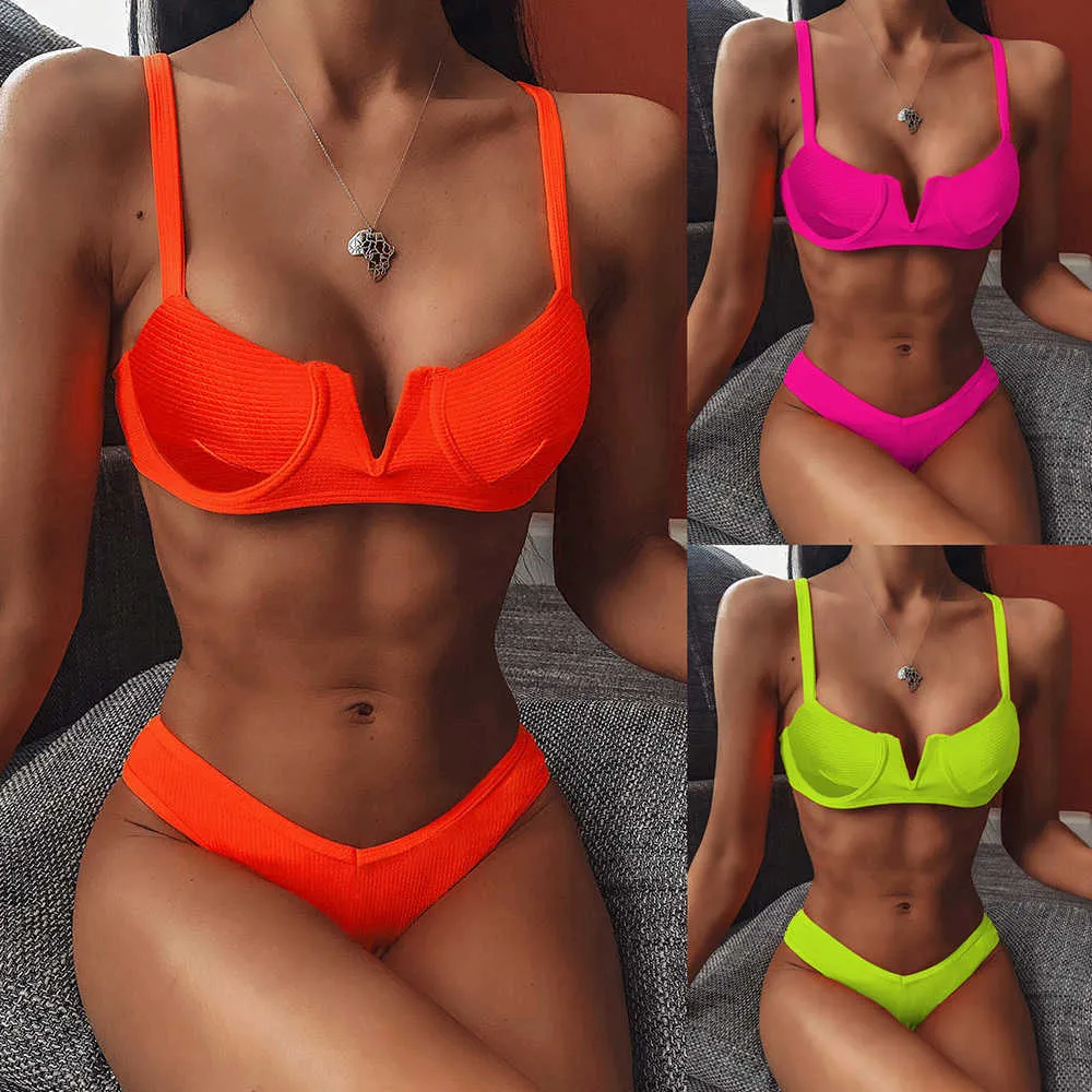 Omkagi Stroje kąpielowe Kobiety Underwire Bikini Kostium Kąpielowy Niski Talia Solidne Swimsuit Wysokie Cut Bikinis Mujer Push Up 210621