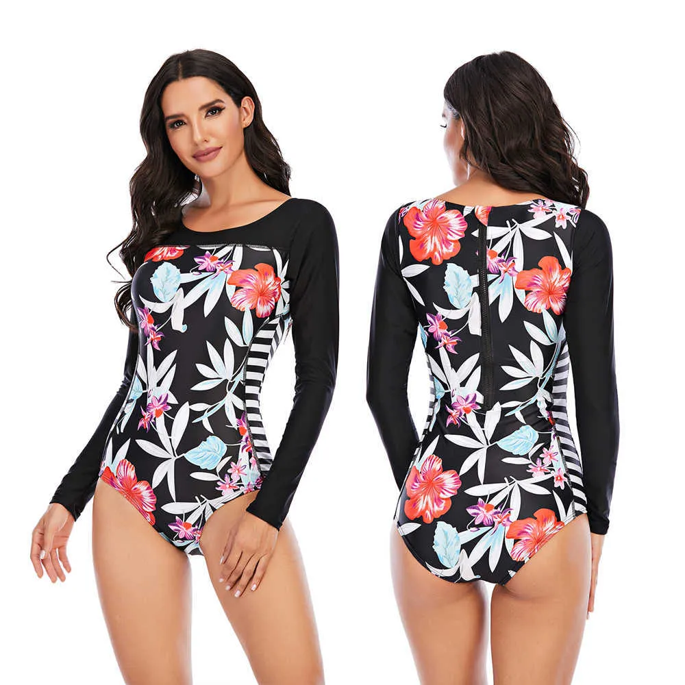 Lange mouwen Zwempak Floral Swimwear Stripe Gedrukt Monokini Beach Wear Plus Size Badpak Bodysuit Bain 210604