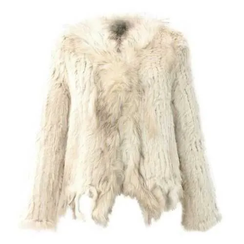 Gilet di pelliccia di coniglio lavorato a maglia naturale con collo di procione cappotto di pelliccia a maniche lunghe con nappe soprabito personalizzato taglia grande 210816