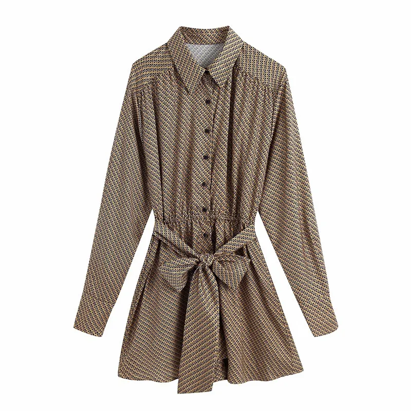 Mini vestido de impresión geométrica Mujeres con cinturón atado Botón de manga larga para arriba Camisa Mujer Casual Vintage Ladies ES 210519