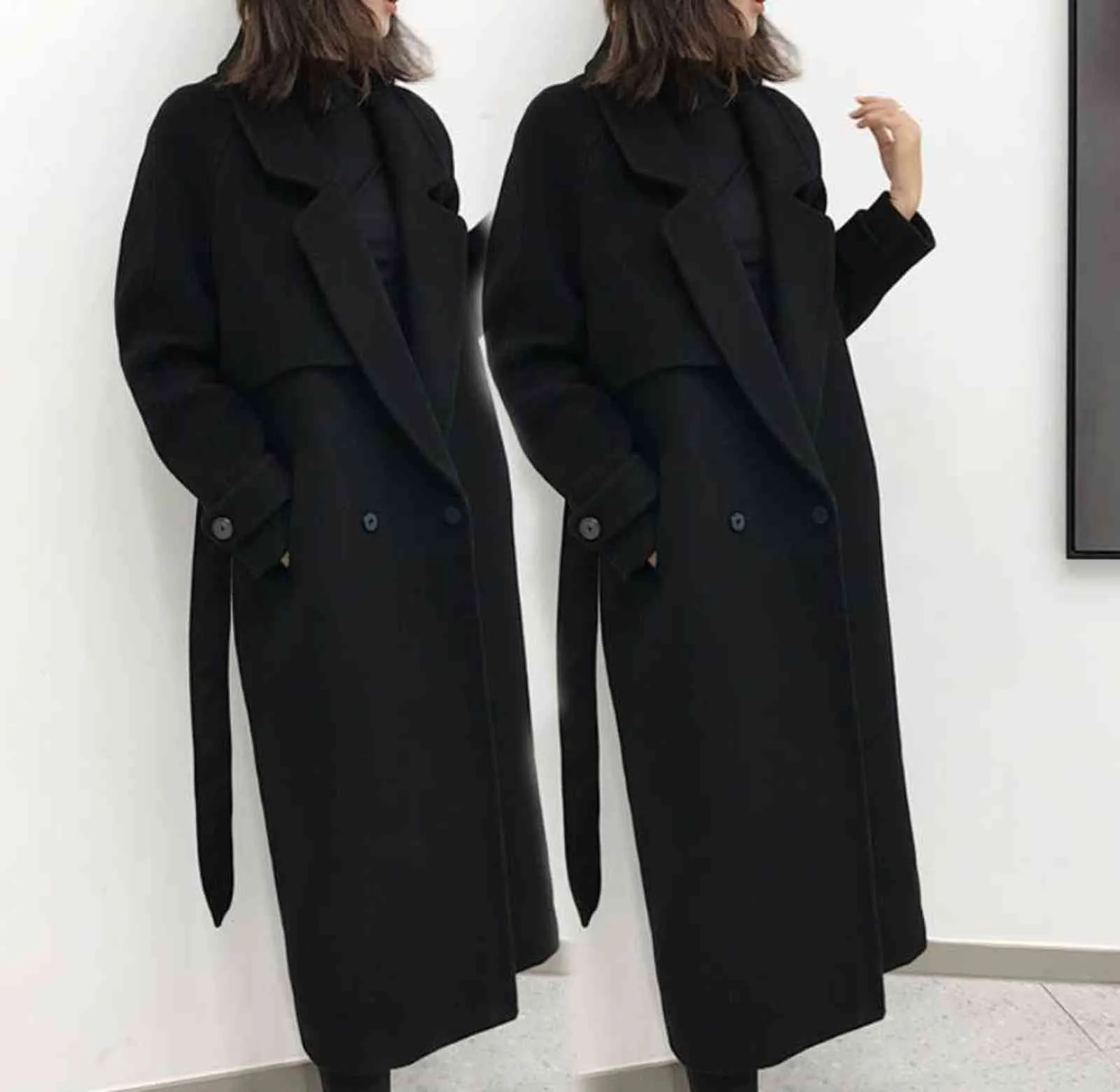 Plus la taille 3XL! hiver femmes veste en laine mode moyen long manteau en laine lâche noir mince à manches longues vêtements d'extérieur 211104