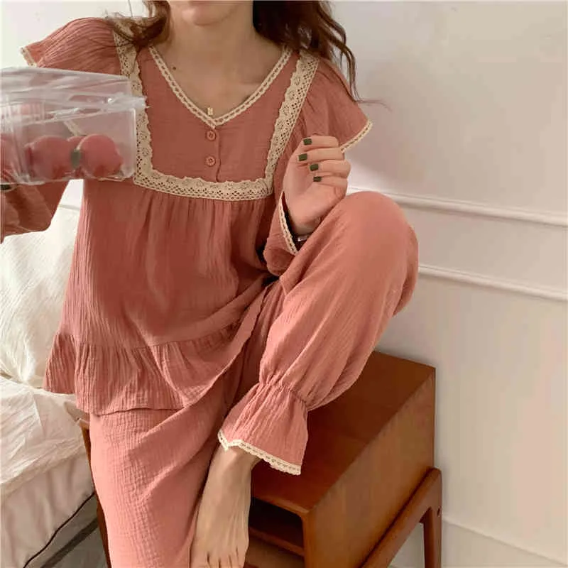 Rosa Homewear Baumwolle Mode Nachtwäsche Lose Casual All Match Süße Weiche Chic Zweiteilige Anzug Pyjamas Sets 210525