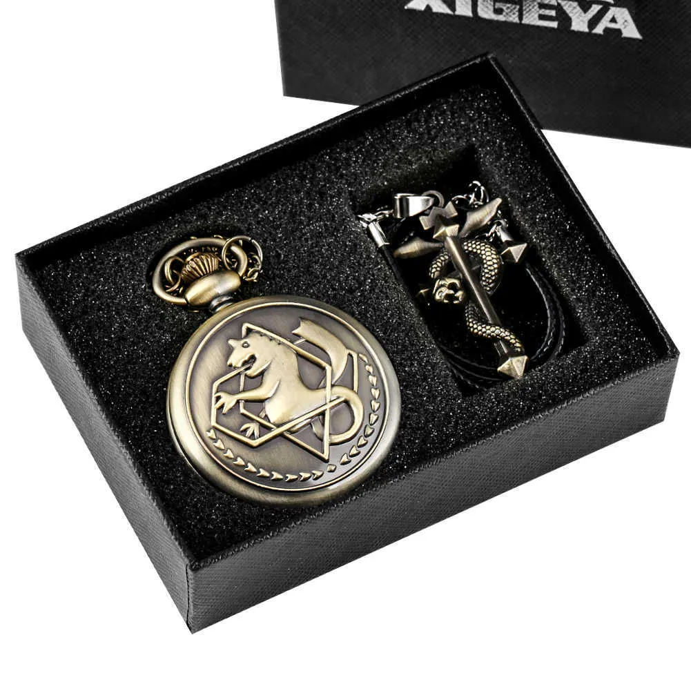 Fullmetal Alchemist Silber/Bronze Taschenuhr Anhänger Herren Quarz Japan Anime Halskette Uhr Hochwertige Geschenke Set 211013