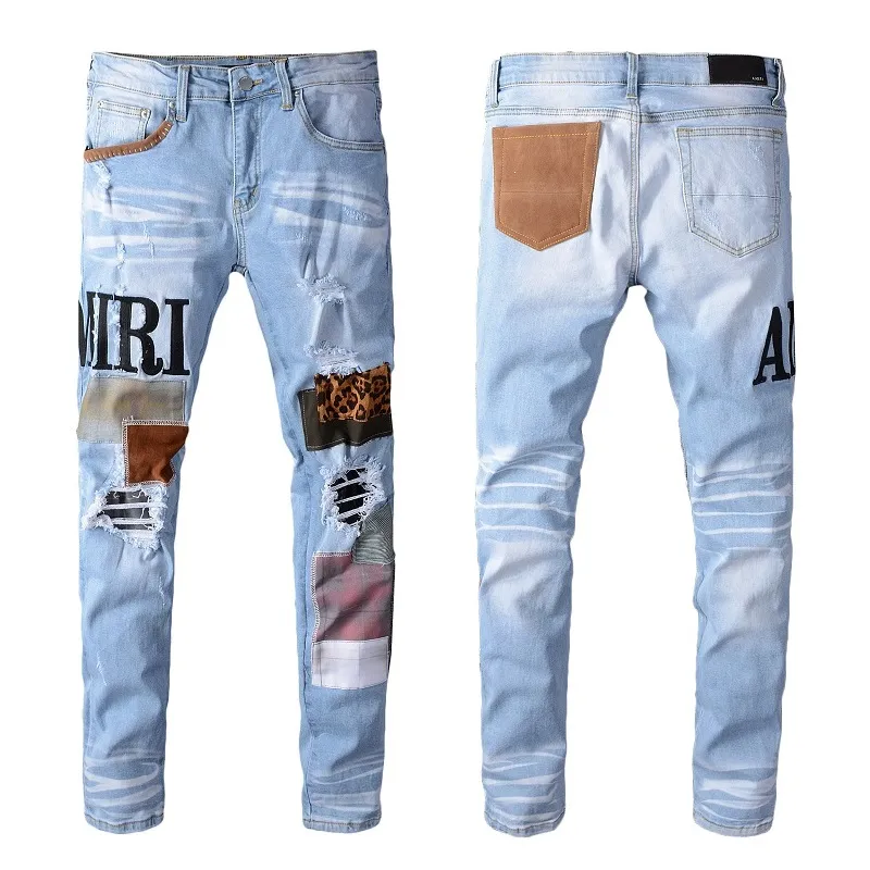 Fashion heren lange slanke jeans desiger hoogwaardige patchwork demin broek streetwear broek voor mannen