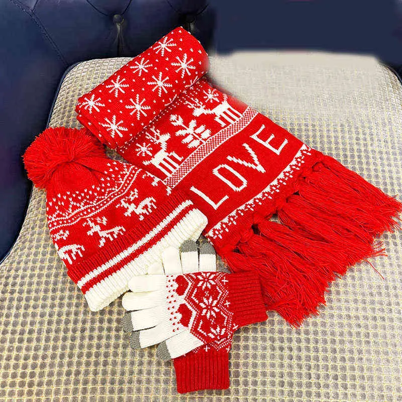 3 unidsmujeres invierno niños bufanda sombrero guantes lindo Navidad s rojo tejido alce tres piezas bufandas cálidas manopla