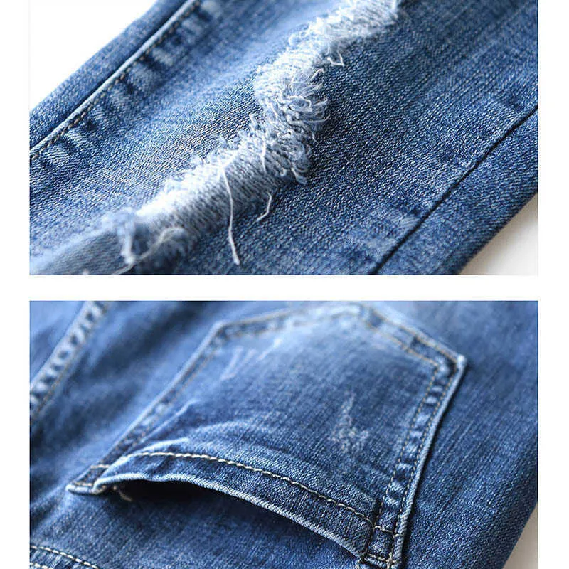 Mode plus storlek rippade jeans för kvinnor hög midja hål blå elastiska penna byxor vintage skinny denim nio kvinnliga 210629