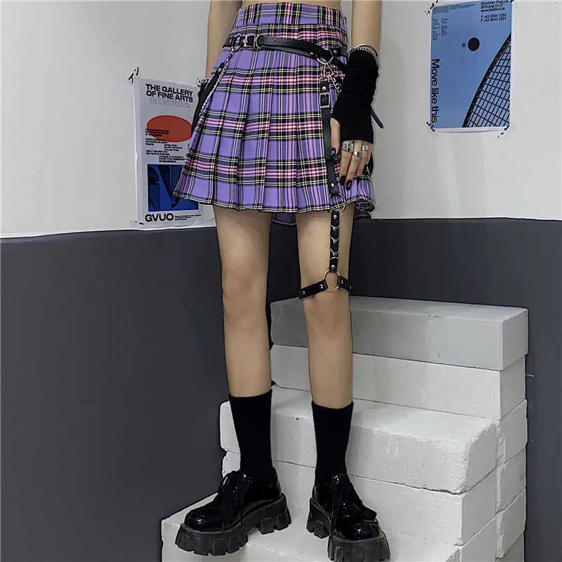 GOTH GIRL Harajuku Streetwear Falda Mujeres Punk Fahsion Cintura alta A-Line Plisado Púrpura Plaid Femme No incluye cinturón 210621