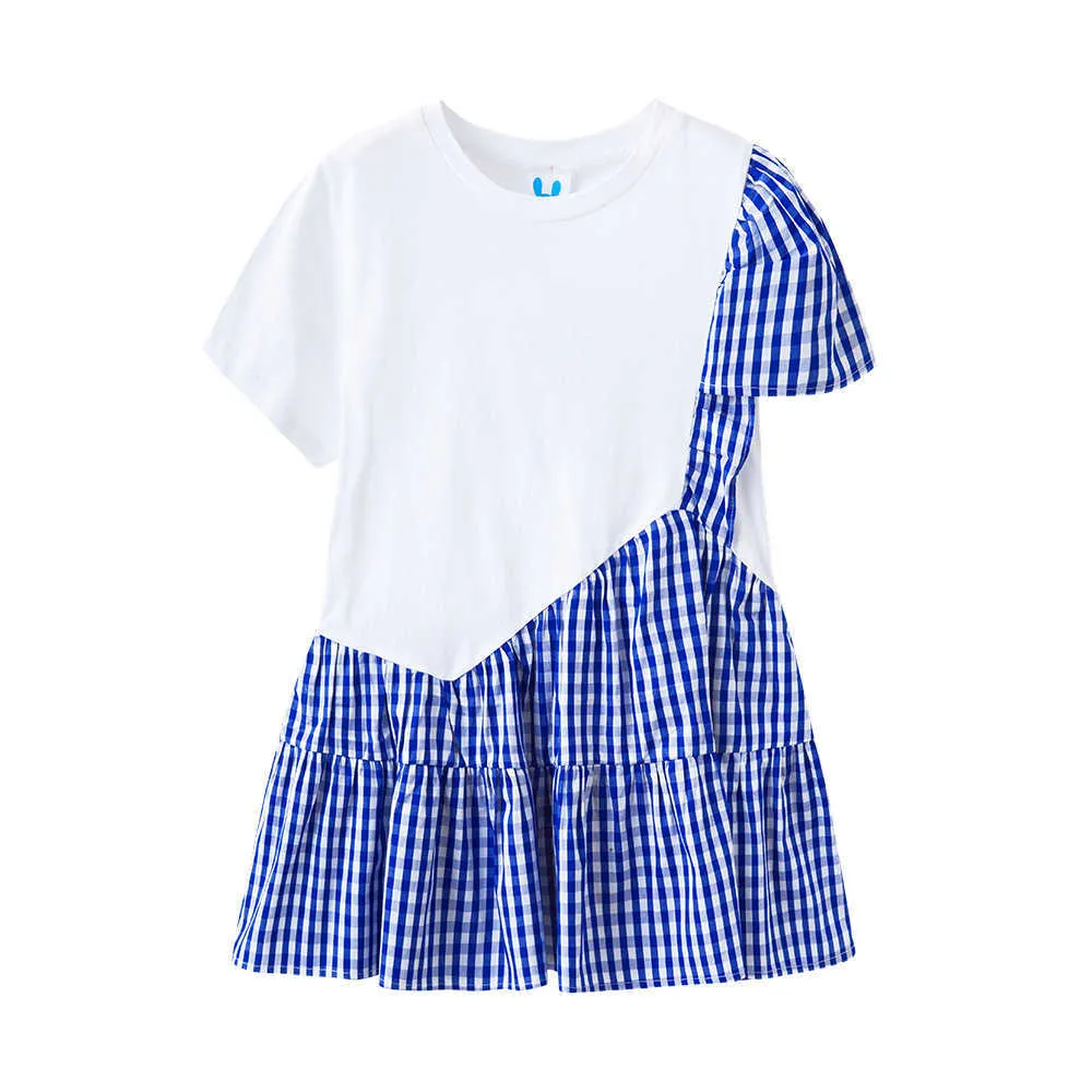 4 bis 14 Jahre, Mädchenkleid Patchwork Plaid Kinder Freizeitkleider 2021 Neue Sommer Kinderkleidung Baumwolle Rüschen gerafft, # 6044 Q0716