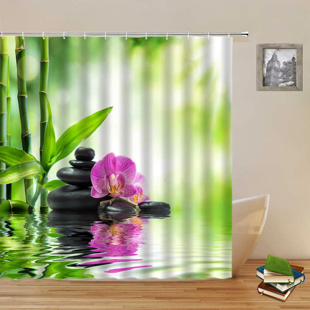 Spa Zen Buddha vatten yoga dusch gardin grön bambu blomma polyester tyg Vattentät massage sten orkidé badrum gardiner 210915