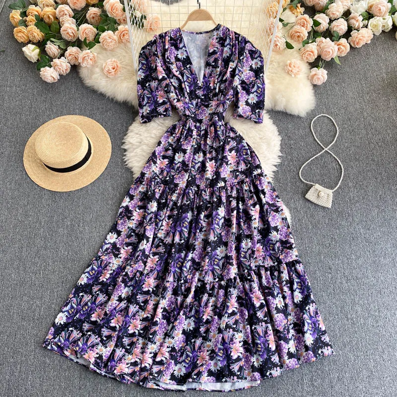 Été Sexy violet Floral Mixi Robe femmes Femme Robe col en v mince manches bouffantes vacances longues dames Vestidos 210514