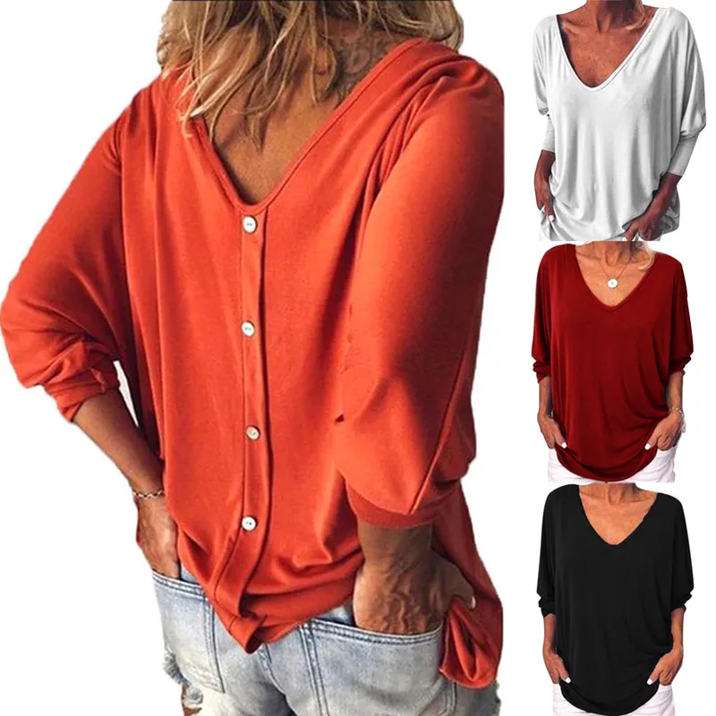 Женская футболка V-образным вырезом Свободные с длинным рукавом кнопка сплошного цвета вскользь мода плюс размер туника элегантные дамы женская одежда 210522