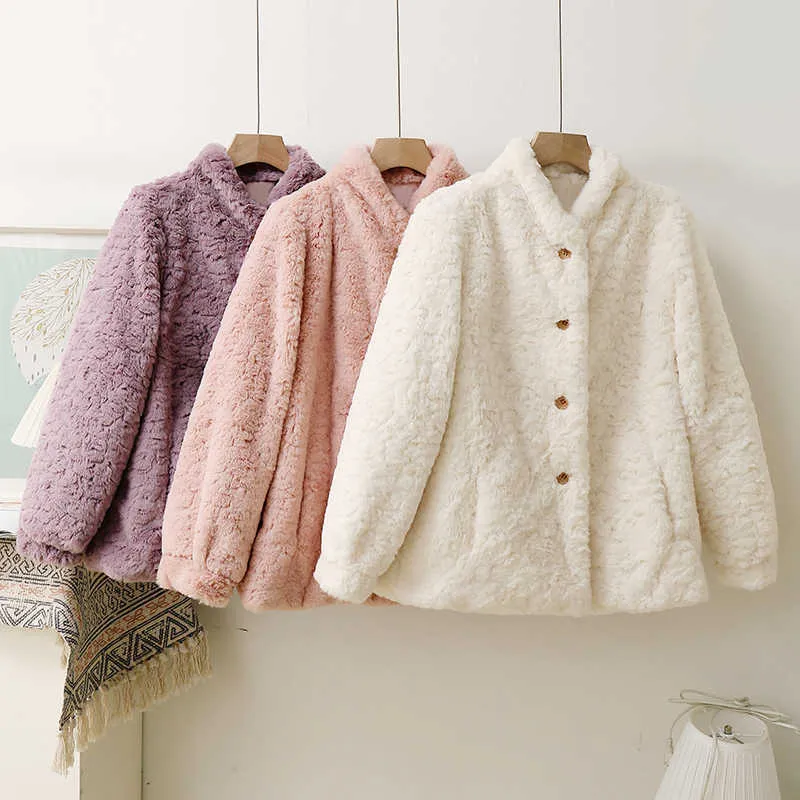 Sweet Pink Faux Fur Coat Women Winter Vintage Stand Collar Fluffy Faux Rabbit Fur Jacket Thick Warm Fur Coats Plus Size 3XL 211019