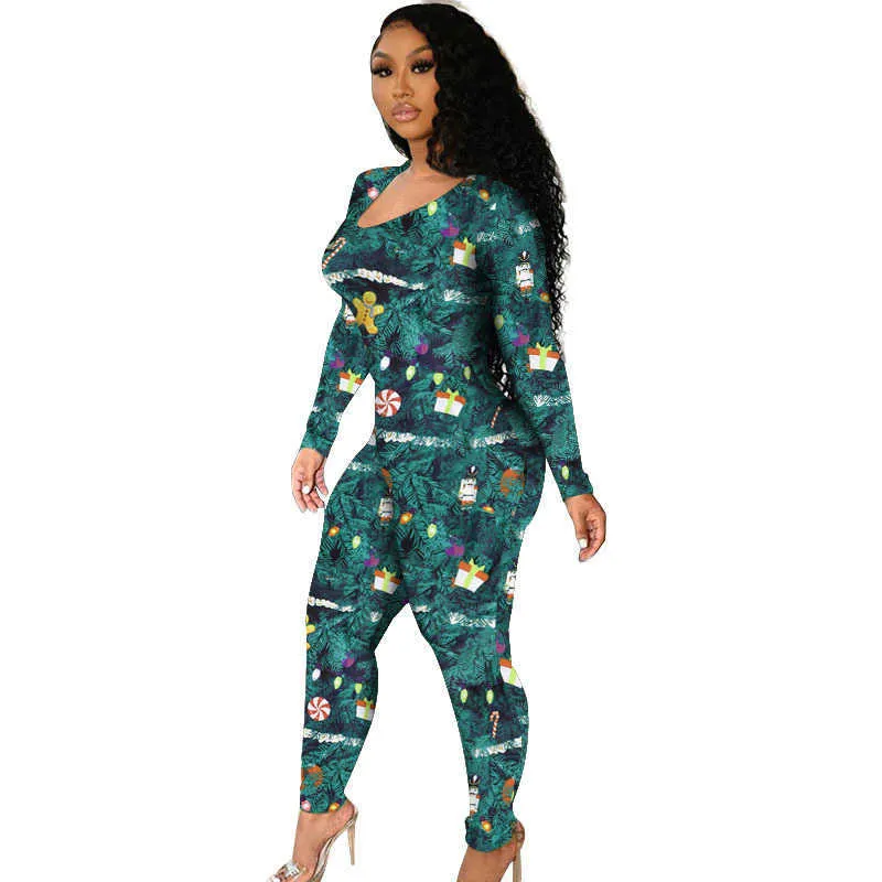 Комбинезоны для женщин Рождественские напечатанные Rompers Мода Длинный рукав Отель OUT Bandage Bodysuit Pajama Sets Clubwear Plus Размер 5XL