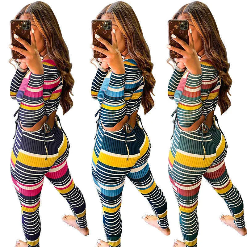 Zestaw dwóch części Kobiety Acedwear Striped Print Crop Top Spodnie Dresy Fitness Sexy Night Club Stroje Hurtownie Drop 210930