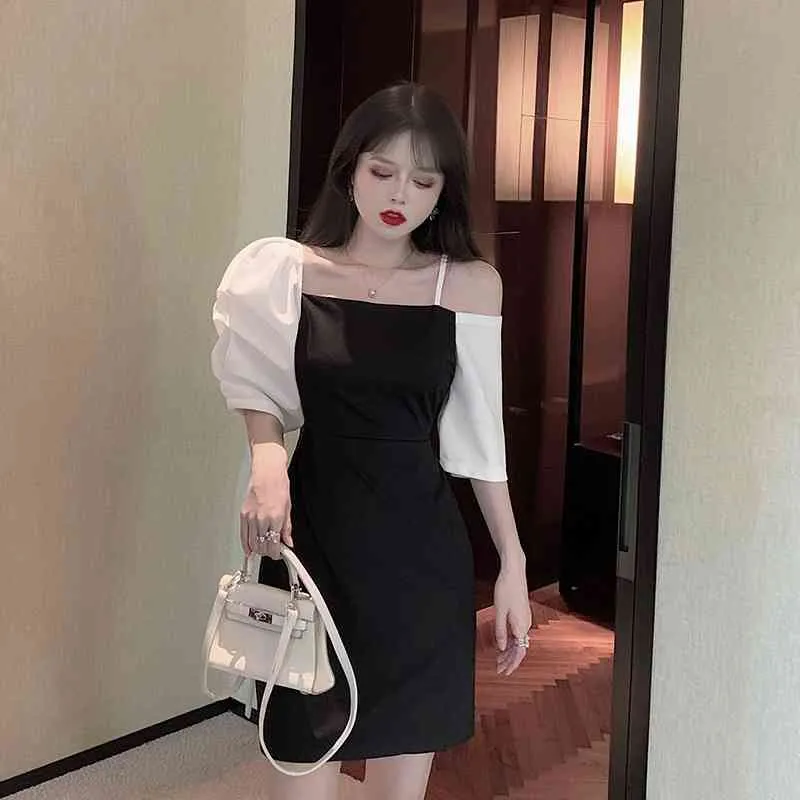 Ezgaga koreanska mode kontrast klänning kvinnor kortärmad axel asymmetrisk smal midja kontor dam chic klänning sommar 210430