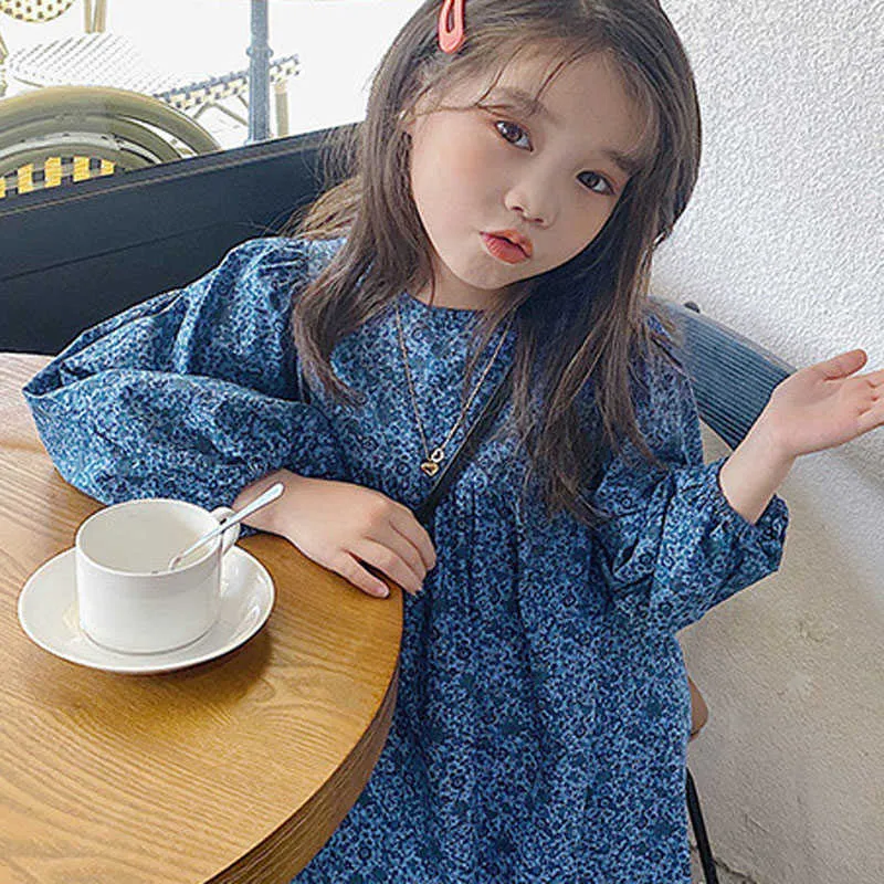 春の夏の女の子のドレス韓国風ロングパフスリーブフローラルかわいいラウンドネック赤ちゃん子供子供の服210625