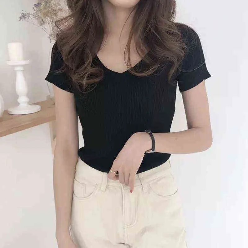 Vintage V-Neck Short Sleeve T-shirt 2022 Woman Slim Solid Color T Shirt Summer Korean Style Retro Tee Tops For Women G220228