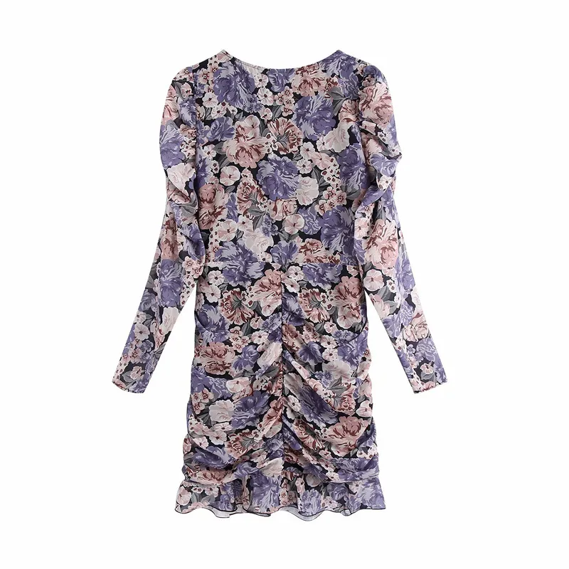 Mulheres Verão Chiffon Plissado Mini Vestidos Longa Manga Floral Impressão Slim V-Neck Feminino Elegante Vestidos Vestidos 210513