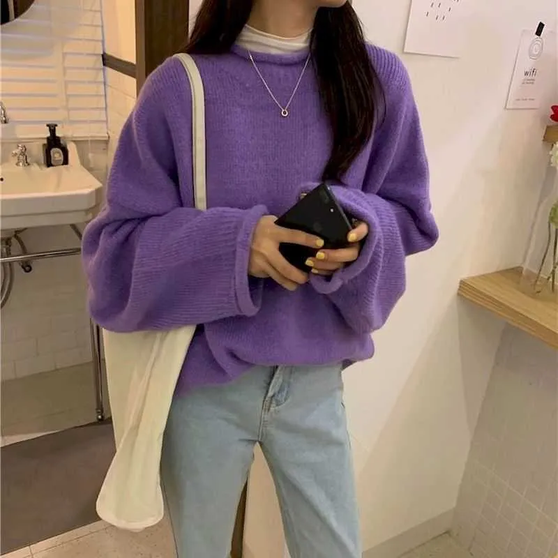 Половина водолазки пуловер с длинным рукавом свитер женское студенческое осень / зима корейская версия свободно ленивый цвет конфеты crimpin 210526