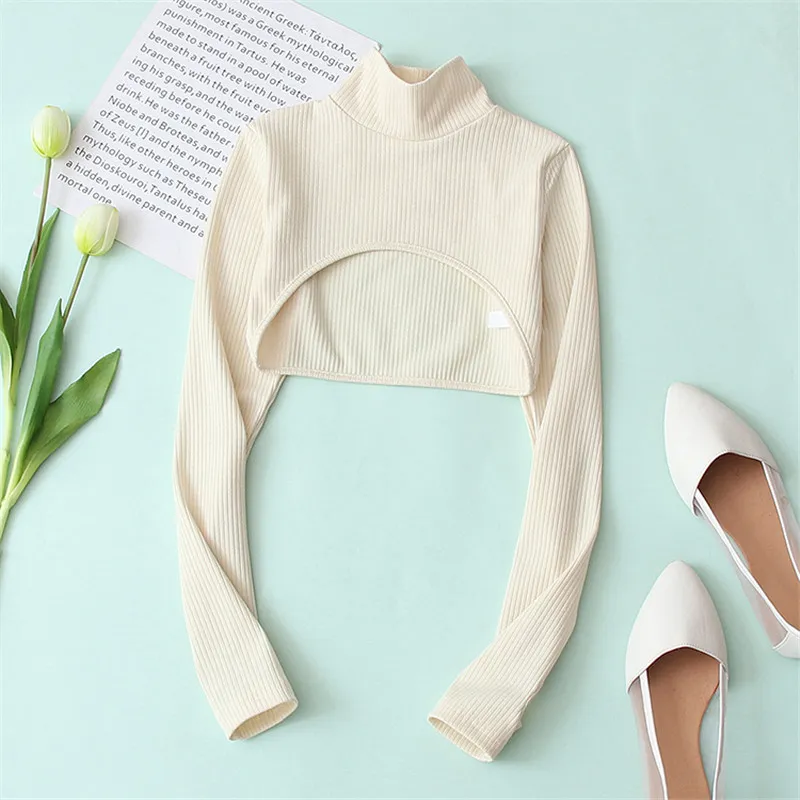 Sexy Knitted Turtleneck Short Top Women Fashion Long Sleeve Streetwear Tshirts White Tees 210430