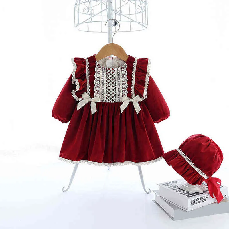 Baby meisjes kleding plus fluwelen effen kleur kant retro prinses jurk kinderen volle maan verjaardag feestjurk met hoed vestidos G1129