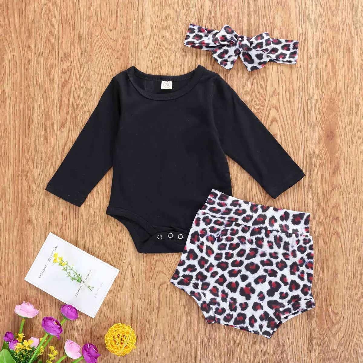 0-18m Leopard geboren baby babymeisje kleding se zwarte lange mouw romper shorts outfits 210515
